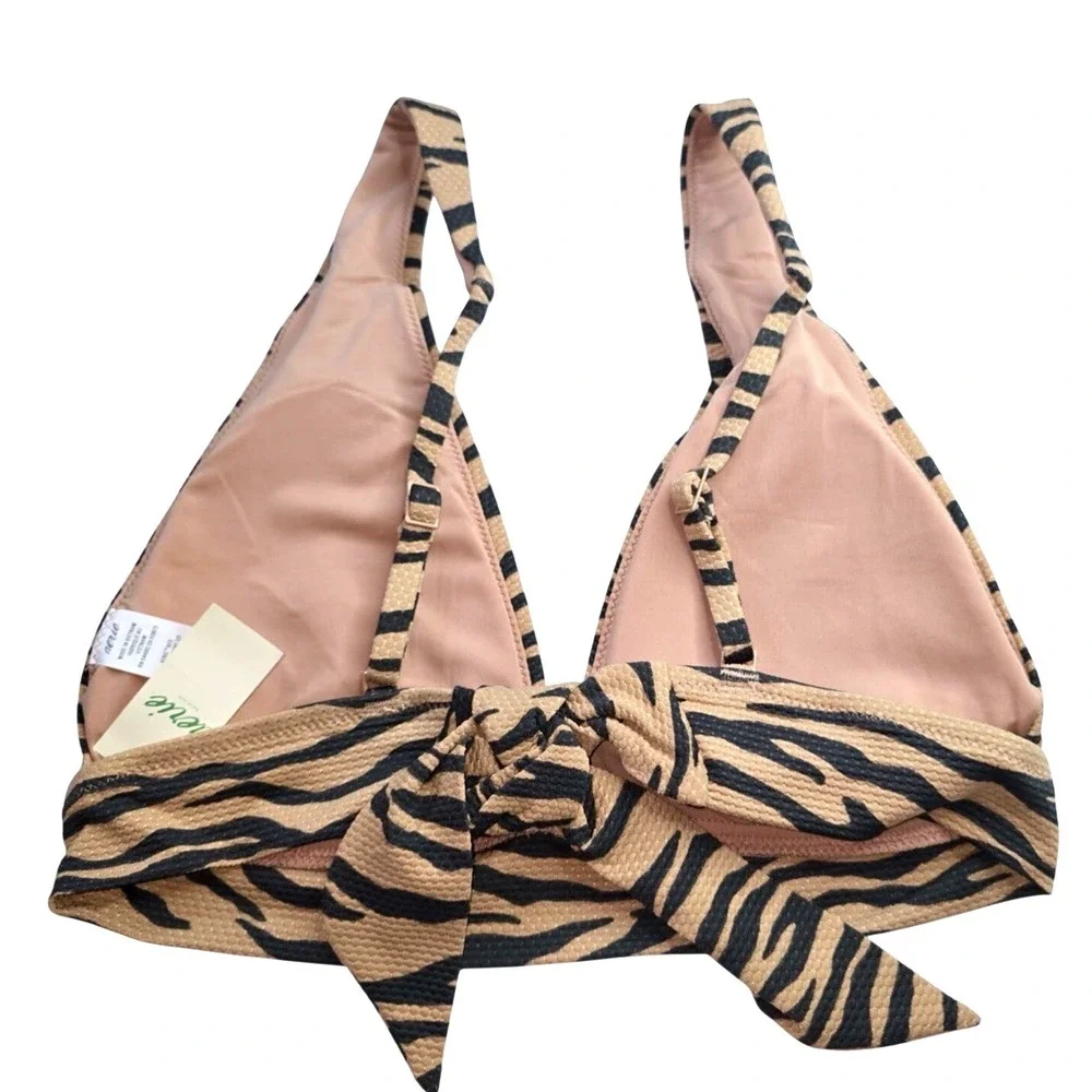 Aerie Pique Brown‎ Animal Print Tie Back Longline  Bikini Top Size Medium